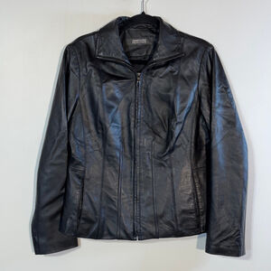 Kenneth Cole Reaction Black Leather Jacket Women’s Small Zipper Pockets